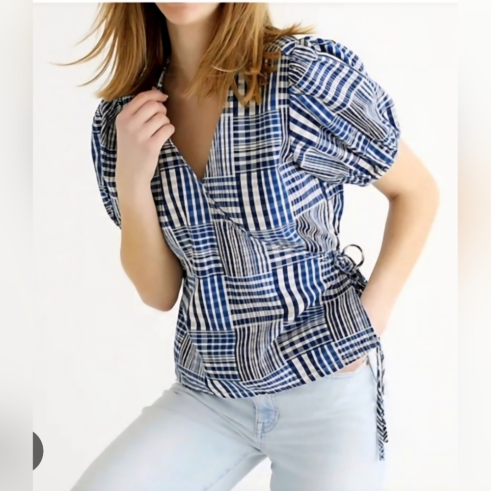 J Crew Blue and White Plaid Women's Top Large